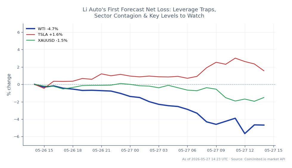 The chart illustrates the performance of WTI Light Crude Oil over the last 24 hours, showing an opening price of $96.93 and a closing price of $92.43, which reflects a significant decline of 4.64%. The price fluctuated between a high of $97.45 and a low of $90.45 during this period. In related markets, Tesla (TSLA) experienced a positive change of 1.54%, while Gold (XAUUSD) saw a decrease of 1.48%. This data indicates that while WTI crude oil is facing downward pressure, TSLA is a notable leader in the cross-market context, contrasting with the losses seen in XAUUSD.