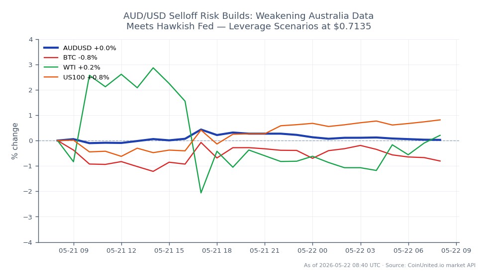The AUD/USD currency pair opened at 0.711855 and closed at 0.713385, showing a slight increase of 0.21% over the last 24 hours. The pair reached a high of 0.716855 and a low of 0.71161 during this period. In the broader market context, Bitcoin (BTC) experienced a decline of 0.76%, while West Texas Intermediate (WTI) crude oil fell by 0.57%. Conversely, the NASDAQ-100 index (US100) saw an increase of 1.0%. This indicates that while the Australian Dollar is showing resilience, the overall market sentiment is mixed, with BTC and WTI lagging behind. Traders considering leveraged positions should note the current entry price at 0.7135, with potential liquidation scenarios depending on market movements.