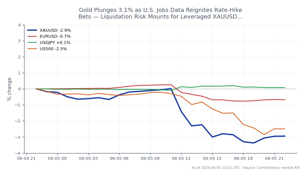 Der Chart zeigt die jüngste Performance von Gold gegenüber dem US-Dollar (XAUUSD) in den letzten 24 Stunden. Gold eröffnete bei 4475,9 und schloss deutlich niedriger bei 4338,05, was einem Rückgang von 3,08 % entspricht. Der höchste Preis in diesem Zeitraum lag bei 4481,58, während der niedrigste bei 4311,84 lag. Dieser starke Rückgang der Goldpreise erfolgt inmitten erneuter Spekulationen über mögliche Zinserhöhungen nach den neuesten US-Arbeitsmarktdaten. In verwandten Märkten fiel der Euro zum US-Dollar (EURUSD) um 0,74 %, während der US500-Index um 2,48 % fiel. Das Währungspaar USD zum JPY (USDJPY) verzeichnete einen leichten Anstieg von 0,11 %. Der signifikante Rückgang der Goldpreise erhöht das Liquidationsrisiko für gehebelte Long-Positionen in XAUUSD, da Händler ihre Strategien angesichts der sich ändernden Wirtschaftsindikatoren neu bewerten.