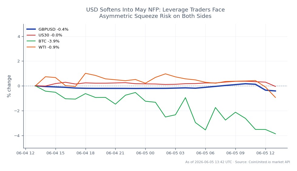 The chart illustrates the performance of the British Pound (GBP) against the US Dollar (USD) over a 24-hour period. The GBP/USD pair opened at 1.34561 and closed lower at 1.339585, marking a decrease of 0.45%. During this timeframe, the pair reached a high of 1.34832 and a low of 1.33946. In the broader market context, the US30 index showed a positive change of 0.44%, while Bitcoin (BTC) experienced a notable decline of 3.17%, and West Texas Intermediate (WTI) crude oil prices fell by 1.24%. The mixed performance across these assets indicates potential asymmetric squeeze risks for leveraged traders, with the GBP/USD showing a clear laggard status against the backdrop of the other assets.