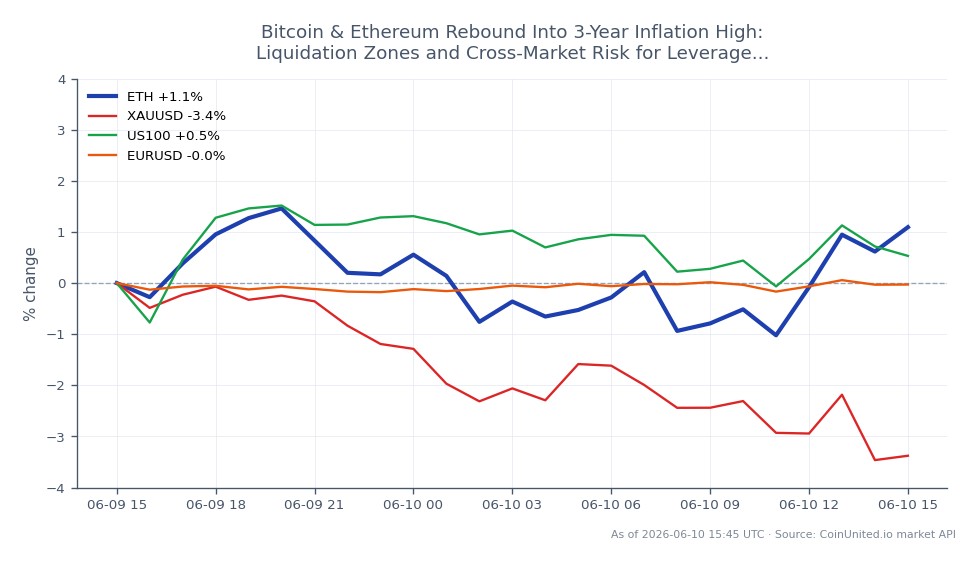 Der Chart zeigt die jüngste Performance von Ethereum (ETH) im Vergleich zu anderen Finanzinstrumenten. Ethereum eröffnete bei 1645,1 $ und schloss bei 1653,7 $, was einem leichten Anstieg von 0,52 % in den letzten 24 Stunden entspricht. Der Preis schwankte in diesem Zeitraum zwischen einem Tief von 1605,3 $ und einem Hoch von 1667,0 $. Im Gegensatz dazu zeigten verwandte Märkte unterschiedliche Leistungen: Gold (XAUUSD) fiel um 4,0 %, der Nasdaq 100 (US100) fiel um 1,32 % und das Währungspaar Euro zu US-Dollar (EURUSD) verzeichnete einen minimalen Rückgang von 0,08 %. Der signifikante Rückgang bei Gold deutet auf ein potenzielles Risiko für Trader mit Hebel im Kryptomarkt hin, da sie sich mit diesen Cross-Market-Dynamiken auseinandersetzen.
