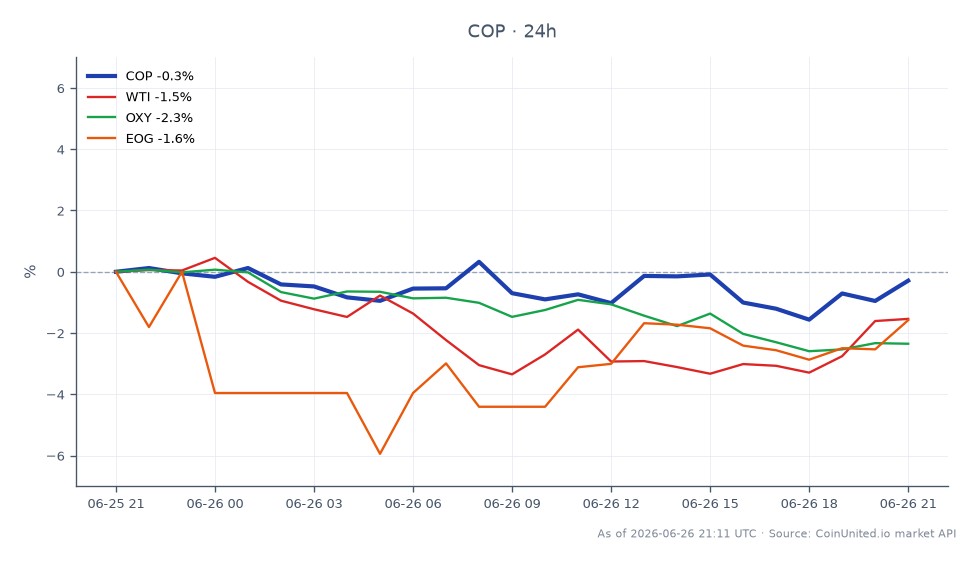ConocoPhillips (COP) 过去 24 小时表现图表，开盘价 106.41 美元，收盘价略低于 106.20 美元，下跌 0.20%。在此期间，该股最高触及 107.76 美元，最低跌至 104.64 美元。相比之下，相关股票表现各异：西德克萨斯中质原油 (WTI) 下跌 1.47%，西方石油公司 (OXY) 下跌 2.34%，EOG Resources (EOG) 下跌 0.87%。数据显示，与同行相比，ConocoPhillips 相对稳定，而 OXY 在相关股票中表现最差。