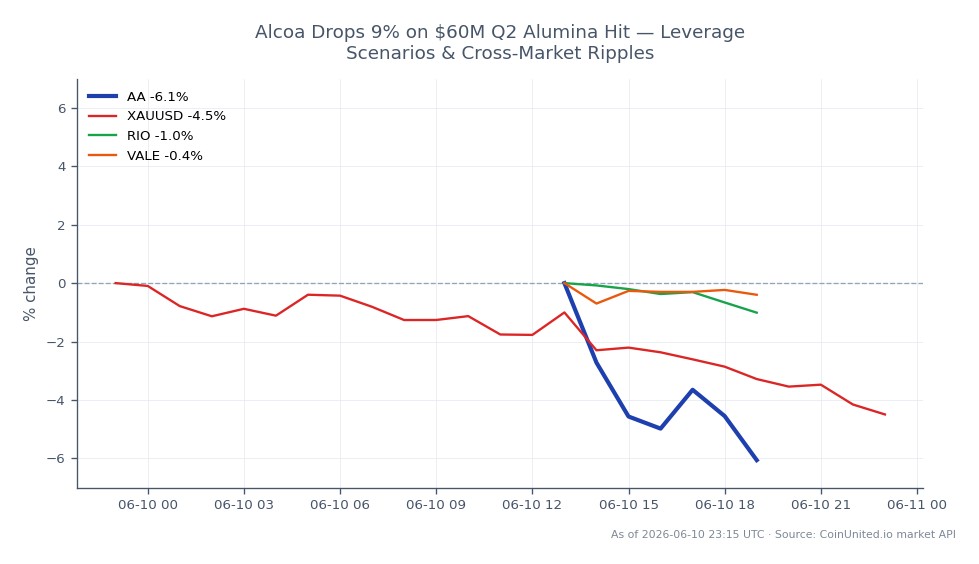 Alcoa Corporation (AA) experienced a significant drop of 6.77% in the last 24 hours, closing at $65.705 after opening at $70.48. The stock reached a high of $71.555 and a low of $65.665 during this period. This decline follows a $60 million hit in Q2 alumina revenue. In related markets, gold (XAUUSD) also fell by 4.84%, while Rio Tinto (RIO) decreased by 0.88% and Vale (VALE) saw a minimal decline of 0.1%. The notable drop in Alcoa's stock price positions it as a clear laggard in this cross-market analysis, especially in comparison to the relatively stable performances of its peers in the mining sector.