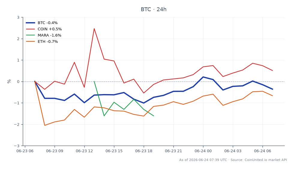 Bitcoin (BTC) a ouvert à 62 907 $ et clôturé à 62 623 $, marquant une baisse de 0,45 % au cours des dernières 24 heures. La cryptomonnaie a atteint un sommet de 63 089 $ et un creux de 61 922 $ pendant cette période. Les actifs connexes ont montré des performances variées ; Coinbase (COIN) a connu une légère baisse de 0,02 %, tandis que Marathon Digital Holdings (MARA) a enregistré une augmentation notable de 4,22 %. Ethereum (ETH) a baissé de 1,21 %. Le sentiment général du marché semble être influencé par les craintes sur les taux et les sorties d'ETF, qui exercent une pression sur les positions Long à effet de levier sur Bitcoin.