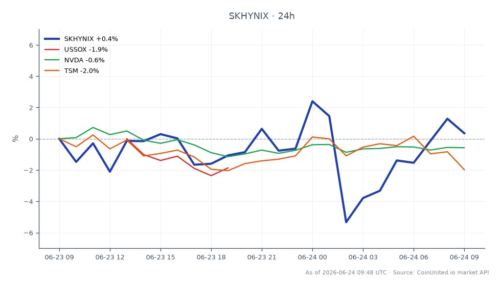 The chart displays the performance of SK Hynix Inc (SKHYNIX) over the last 24 hours, showing an opening price of 1679.1 KRW and a closing price of 1712.75 KRW, representing a 2.0% increase. The stock reached a high of 1770.5 KRW and a low of 1600.95 KRW during this period. In comparison, related stocks show varying performance: the US Semiconductor Index (USSOX) decreased by 0.72%, NVIDIA (NVDA) fell by 0.58%, and Taiwan Semiconductor Manufacturing Company (TSM) dropped by 1.54%. This indicates that SK Hynix outperformed its peers in the semiconductor sector, making it a notable leader amidst a generally declining market.