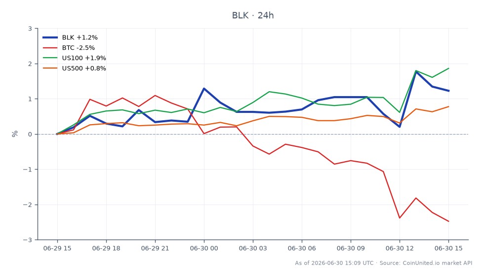 The chart illustrates the performance of BlackRock, Inc. (BLK) alongside related markets over the past 24 hours. BlackRock opened at $952.51, closed at $960.695, reached a high of $969.515, and a low of $946.285, reflecting a 0.86% increase. In comparison, Bitcoin (BTC) experienced a decline of 1.9%, while the US100 index rose by 2.31% and the US500 index increased by 0.88%. This data indicates that BlackRock has shown resilience in the face of Bitcoin's downturn, making it a leader in this cross-market analysis.