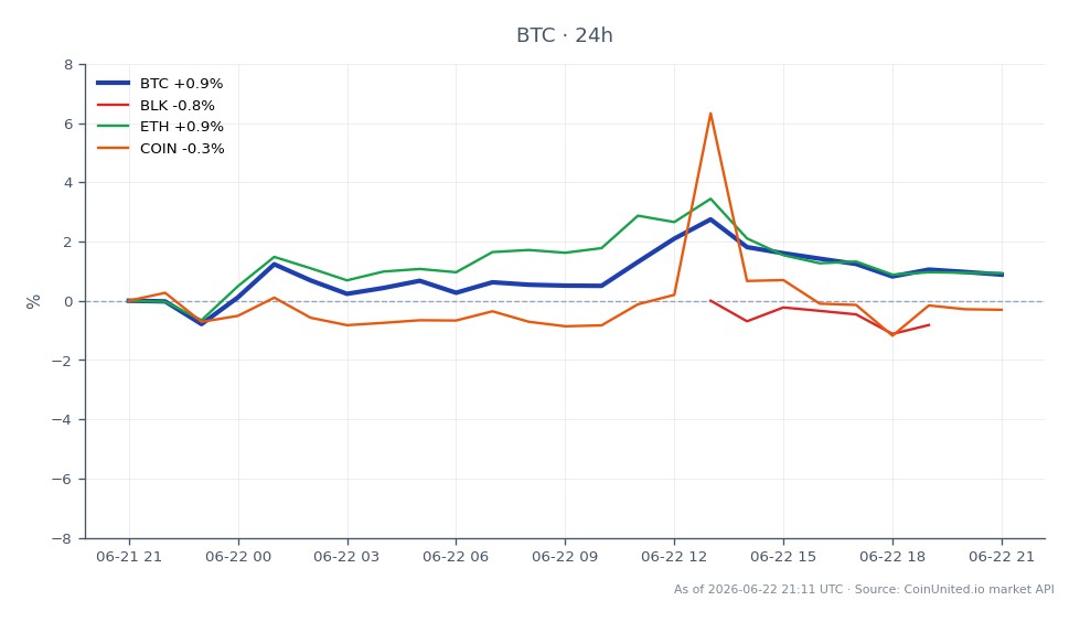 比特币(BTC)在加密货币市场上的近期表现图表。在过去24小时内,比特币开盘价为63,824美元,收盘价为64,352美元,价格上涨了528美元。在此期间达到的最高价为65,597美元,最低价为63,236美元,涨幅为0.83%。相比之下,相关资产表现各异:贝莱德(BLK)上涨0.35%,以太坊(ETH)上涨0.76%,而Coinbase(COIN)下跌0.55%。数据显示,在相关金融工具表现参差不齐的情况下,比特币表现相对稳定,以太坊是其中涨幅最大的。