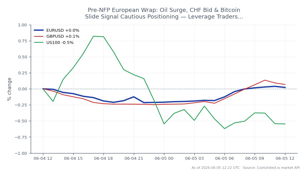 Le graphique affiche la performance de l'Euro contre le Dollar US (EUR/USD) sur les dernières 24 heures. La paire a ouvert à 1.164175 et a clôturé légèrement plus bas à 1.163945, marquant une baisse minime de 0,02%. Le prix le plus élevé atteint pendant cette période a été de 1.164515, tandis que le plus bas a été de 1.16081. En comparaison, la paire GBP/USD a connu une légère augmentation de 0,05%, tandis que l'indice US100 a enregistré une baisse de 0,45%. Cela indique que l'Euro est légèrement à la traîne par rapport au Dollar US dans un contexte de positionnement prudent du marché avant la publication des données Non-Farm Payroll (NFP), les traders étant en alerte pour une volatilité potentielle.