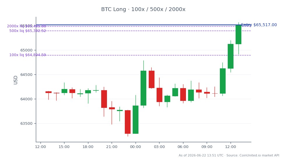 O gráfico ilustra o desempenho recente do Bitcoin, mostrando um preço de abertura de US$ 64.156 e um preço de fechamento de US$ 65.517, resultando em um aumento de 2,12% nas últimas 24 horas. O preço flutuou entre uma mínima de US$ 63.236 e uma máxima de US$ 65.565 durante este período, com um total de 25 velas representando a atividade de negociação. A estratégia de negociação alavancada indica uma posição comprada com um preço de entrada definido em US$ 65.517, utilizando uma abordagem em camadas com níveis de alavancagem de 100, 500 e 2000. Esta estratégia é apoiada por uma reserva de caixa substancial de US$ 300 milhões, refletindo uma proporção de pólvora seca de 10:1, o que poderia fornecer poder de compra significativo para traders alavancados. No contexto atual do mercado, o Bitcoin mostra força em comparação com outras criptomoedas, reforçando sua posição como líder no espaço cripto.