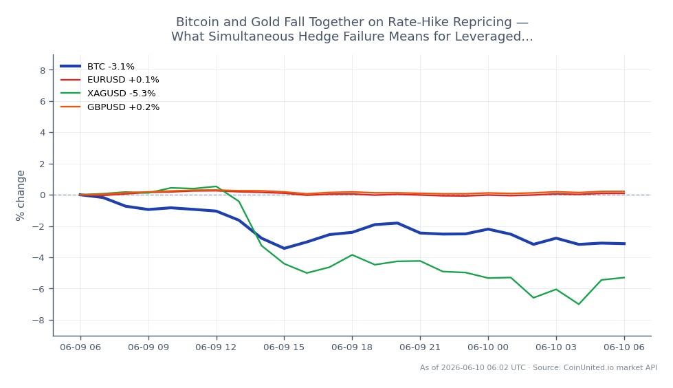 The chart illustrates the recent performance of Bitcoin (BTC) alongside related assets, highlighting a notable decline in both Bitcoin and Gold (XAGUSD). Bitcoin opened at $63,325 and closed at $61,298, marking a decrease of 3.2% over the past 24 hours. The cryptocurrency reached a high of $63,487 and a low of $60,756 during this period. In comparison, Gold experienced a significant drop of 5.38%, indicating a simultaneous hedge failure as both assets fell together. The EURUSD and GBPUSD pairs showed minor changes, with EURUSD up by 0.09% and GBPUSD up by 0.23%, suggesting they are not significantly impacted by the same market forces affecting Bitcoin and Gold. This scenario may present challenges for leveraged traders who typically rely on these assets as hedges against market volatility.