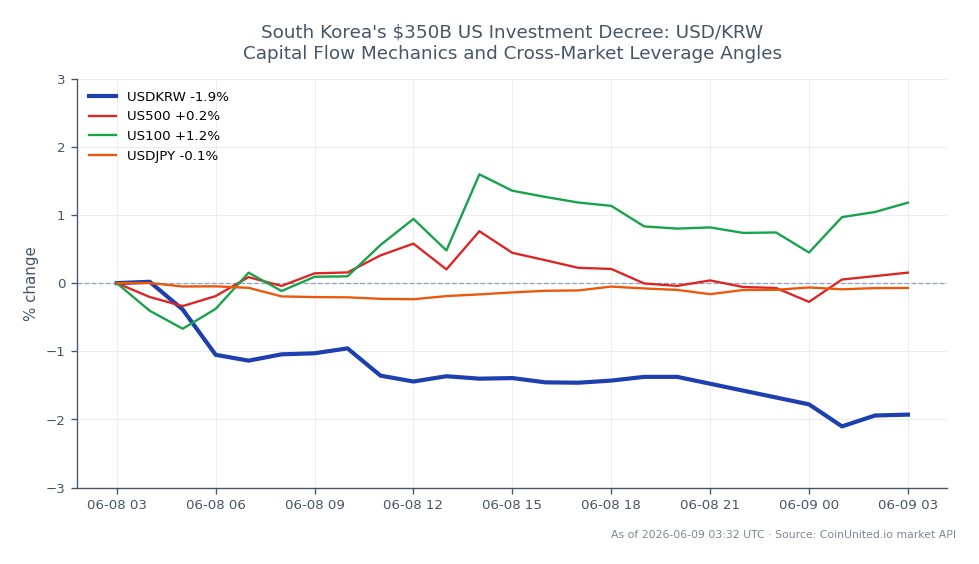 Le graphique illustre la dynamique du taux de change USD/KRW au cours des dernières 24 heures, montrant un prix d'ouverture de 1548,525 et un prix de clôture de 1518,605. Le point le plus haut atteint a été de 1549,685, tandis que le plus bas a été de 1513,095, résultant en une variation en pourcentage de -1,93 %. Sur les marchés connexes, l'indice US500 a connu une légère augmentation de 0,18 %, et l'indice US100 a augmenté de 1,19 %, indiquant un sentiment positif sur le marché boursier américain. Inversement, la paire USDJPY a montré une légère baisse de -0,09 %, suggérant une performance mitigée sur le marché des changes. Dans l'ensemble, la paire USD/KRW se distingue comme un retardataire avec sa baisse significative, contrastant avec les gains observés sur les actions américaines.