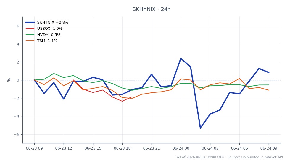 The chart illustrates the performance of SK Hynix Inc (SKHYNIX) over the last 24 hours, showing an opening price of 1679.1 KRW and a closing price of 1720.85 KRW, marking a 2.49% increase. The stock reached a high of 1770.5 KRW and a low of 1600.95 KRW during this period. In comparison, the Philadelphia Semiconductor Index (USSOX) saw a decline of 0.72%, while NVIDIA (NVDA) and Taiwan Semiconductor Manufacturing Company (TSM) also experienced decreases of 0.56% and 0.69%, respectively. This positions SK Hynix as a leader among its peers in the semiconductor sector, particularly in light of its upcoming $29 billion ADR listing aimed at capital raising for memory and AI chip production.