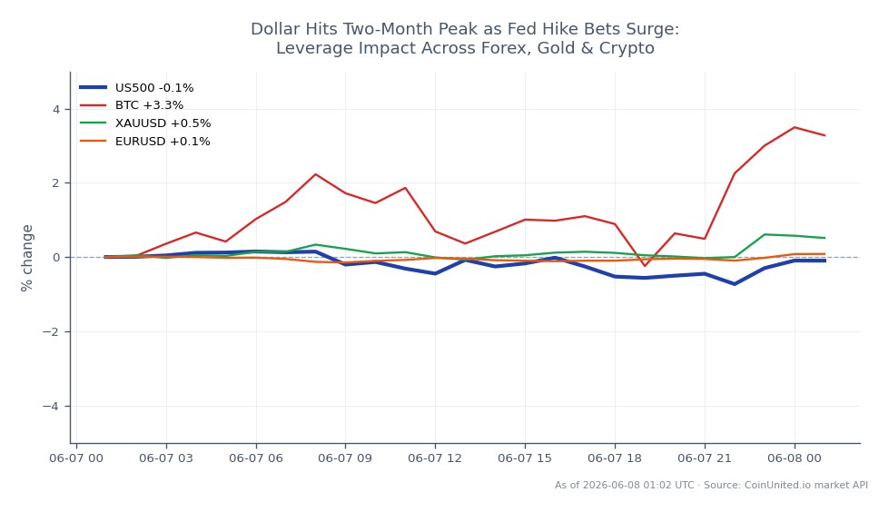 The S&P 500 Index opened at 7399.75 and closed at 7403.55, marking a slight increase of 0.05% over the last 24 hours. The index reached a high of 7425.05 and a low of 7343.95 during this period. In related markets, Bitcoin (BTC) experienced a significant rise of 4.48%, while Gold (XAUUSD) increased by 0.67%. The Euro to US Dollar (EURUSD) pair saw a minimal change of 0.07%. The notable performance of Bitcoin positions it as a leader among the related assets, reflecting a strong bullish sentiment in the crypto market amid rising Fed hike bets, while the S&P 500 remains relatively stable with minimal fluctuations. Traders should monitor these movements closely as they may indicate shifts in market sentiment across different asset classes.