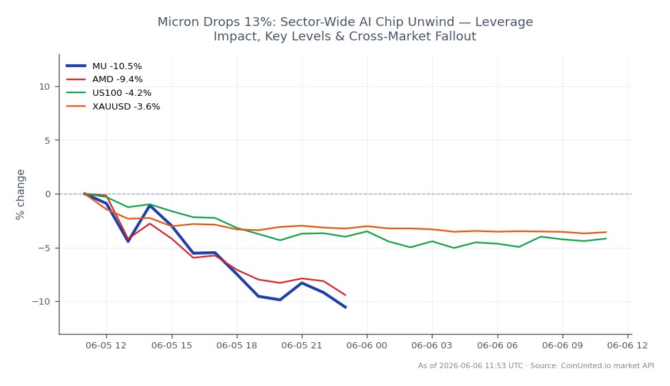 Micron Technology, Inc. (MU) experienced a significant drop of 11.47% over the last 24 hours, closing at $856.905 after opening at $967.905. The stock reached a high of $969.735 and a low of $850.175 during this period. This decline is part of a broader trend affecting the semiconductor sector, with Advanced Micro Devices (AMD) also falling by 10.09%. The Nasdaq-100 index (US100) decreased by 4.32%, and gold (XAUUSD) saw a decline of 3.5%. This sector-wide unwind highlights the volatility in the AI chip market, with Micron leading the drop among its peers, indicating potential leverage impacts for traders. Key levels to watch include the support at $850 and resistance at $970.