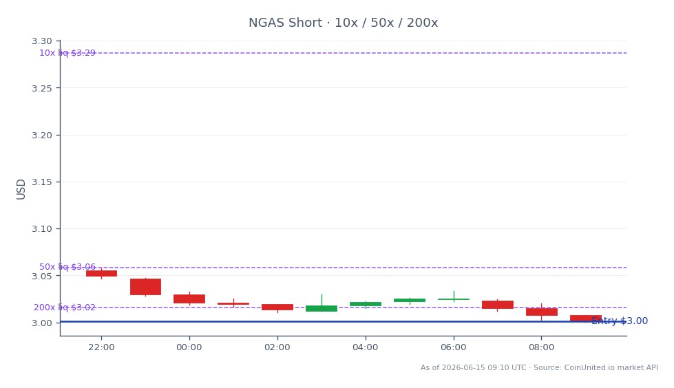 The chart displays the performance of Natural Gas (NGAS) over the last 24 hours, showing a bearish trend as the price opened at $3.0555 and closed at $3.0015, marking a decrease of 1.77%. The highest price reached during this period was $3.0575, while the lowest was $3.0005, indicating a tight trading range. The leverage strategy suggests a short position with an entry price of $3.0015, with tiers set at 10, 50, and 200. This decline follows the Australian regulator's clearance of LNG Strike, which has contributed to the unwinding of the supply risk premium in the natural gas market.