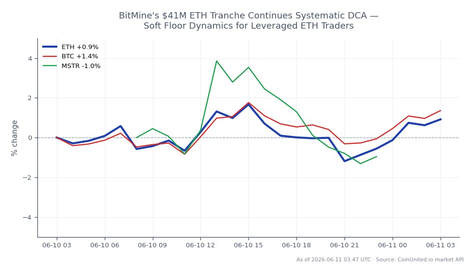 The chart illustrates the recent performance of Ethereum (ETH) over a 24-hour period, showing an opening price of $1623.1 and a closing price of $1644.8. During this timeframe, ETH reached a high of $1667.0 and a low of $1602.7, resulting in a percentage change of 1.34%. In comparison, Bitcoin (BTC) experienced a stronger performance with a 24-hour change of 1.78%, while MicroStrategy (MSTR) lagged behind with a decrease of 1.76%. This data indicates a systematic dollar-cost averaging (DCA) strategy being employed by BitMine, contributing to a soft floor dynamic for leveraged ETH traders. The chart consists of 25 candlesticks, providing a detailed view of ETH's price fluctuations and market behavior within the specified period.