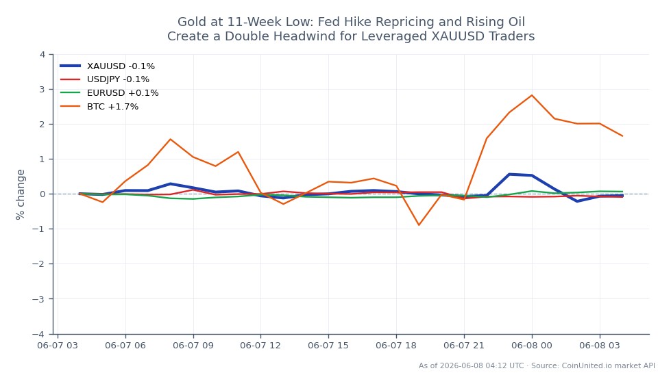 Le graphique illustre la performance de l'or par rapport au dollar américain (XAUUSD) au cours des dernières 24 heures. L'or a ouvert à 4317,2 et a clôturé légèrement plus haut à 4317,615, marquant un changement minimal de 0,01 %. Le prix a fluctué entre un maximum de 4353,46 et un minimum de 4300,41, indiquant une fourchette de négociation relativement stable. Sur les marchés connexes, l'USDJPY a connu une baisse de 0,09 %, tandis que l'EURUSD a connu une légère hausse de 0,05 %. Le Bitcoin (BTC) a surperformé avec une hausse notable de 1,97 %, indiquant une divergence de performance parmi ces actifs. Ces données reflètent les pressions actuelles sur les traders XAUUSD à effet de levier en raison du repricing des hausses de taux d'intérêt de la Fed et de la hausse des prix du pétrole, contribuant à un environnement de trading difficile.