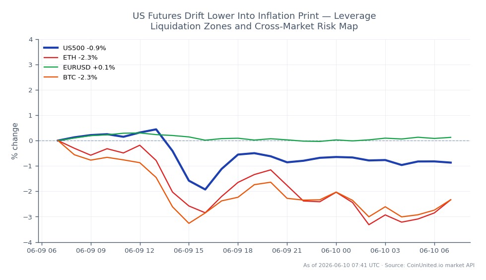 Der S&P 500 Index eröffnete bei 7423,35 und schloss bei 7357,35, was einem Rückgang von 0,89 % in den letzten 24 Stunden entspricht. Der Index erreichte in diesem Zeitraum ein Hoch von 7480,15 und ein Tief von 7238,55, was auf erhebliche Volatilität hindeutet. In verwandten Märkten verzeichnete Ethereum (ETH) einen stärkeren Rückgang von 2,71 %, während Bitcoin (BTC) ebenfalls um 2,51 % fiel. Das EUR/USD-Paar zeigte minimale Bewegung mit einem leichten Anstieg von 0,08 %. Die Performance des S&P 500 positioniert ihn als Nachzügler im Vergleich zum relativ stabilen EUR/USD, was die Auswirkungen der bevorstehenden Inflationsdaten auf die Marktstimmung und potenzielle Liquidationszonen für gehebelte Positionen hervorhebt.