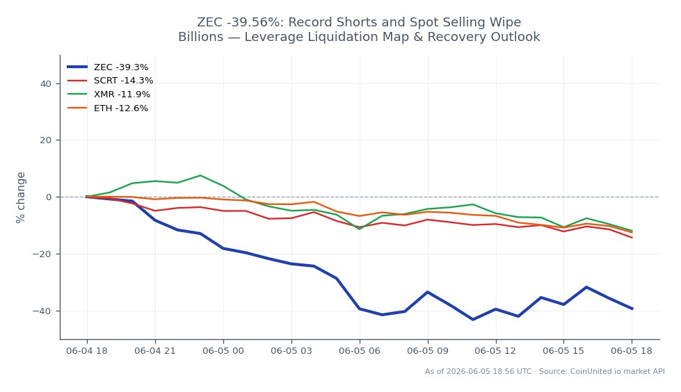 The chart illustrates the significant decline in Zcash (ZEC) over the past 24 hours, opening at $524.5 and closing at $320.3, marking a dramatic decrease of 39.56%. The highest price reached during this period was $539.9, while the lowest was $250.5, indicating extreme volatility. The 24-hour percentage change stands at -38.93%. In comparison, related cryptocurrencies also experienced declines: Secret (SCRT) fell by 13.69%, Monero (XMR) decreased by 11.82%, and Ethereum (ETH) dropped by 12.14%. The data suggests that ZEC is the clear laggard among these assets, reflecting a broader trend of selling pressure and record shorts in the market, which have led to billions in liquidations.