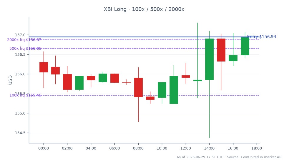 The chart displays the performance of the State Street SPDR S&P Biotech ETF (XBI) over the last 24 hours. The ETF opened at $156.30 and closed at $156.945, marking a slight increase of 0.41%. During this period, it reached a high of $157.31 and a low of $154.38, indicating some volatility within the trading session. The chart consists of 18 candlesticks, reflecting the trading activity. For leveraged trading, a long position was entered at $156.945, with tiered investments of $100, $500, and $2000. This data suggests a cautious bullish sentiment in the biotech sector, with XBI showing resilience in a fluctuating market.