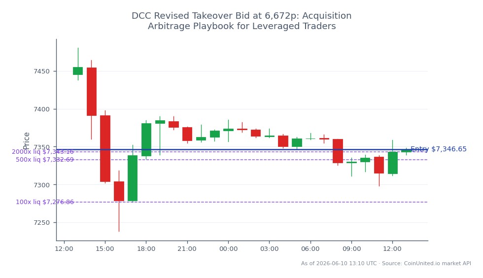 The S&P 500 Index (US500) opened at 7445.15 and closed at 7346.65, marking a decline of 1.32% over the past 24 hours. The index reached a high of 7480.15 and a low of 7238.55 during this period, indicating significant volatility. For leveraged traders considering a long position, the entry price is set at 7346.65 with tiered leverage options available at 100x, 500x, and 2000x. This data suggests a potential acquisition arbitrage opportunity in the context of DCC's revised takeover bid at 6,672p, with traders needing to monitor market movements closely to manage risk effectively. No clear leader or laggard is noted in this cross-market analysis, as the focus remains on the S&P 500's performance.