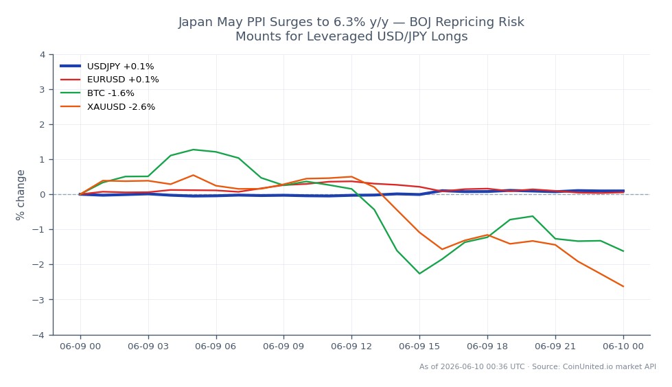 Diagrammet illustrerar utvecklingen för US-dollarn mot japanska yen (USD/JPY) under de senaste 24 timmarna. Paret öppnade på 160,184 och stängde på 160,39, vilket markerar en liten ökning med 0,13%. Högsta priset nådde 160,447, medan det lägsta var 160,0525. Jämförelsevis visade relaterade valutapar varierande utveckling: Euro mot US-dollarn (EUR/USD) ökade med 0,08%, medan Bitcoin (BTC) minskade med 2,45% och Guld (XAU/USD) föll med 2,58%. Dessa data indikerar att USD/JPY håller sig relativt stabil mitt i fluktuationer i andra tillgångar, vilket antyder potentiella implikationer för positioner med hävstång i detta valutapar, särskilt med Bank of Japans penningpolitik under granskning på grund av stigande PPI-siffror i Japan.