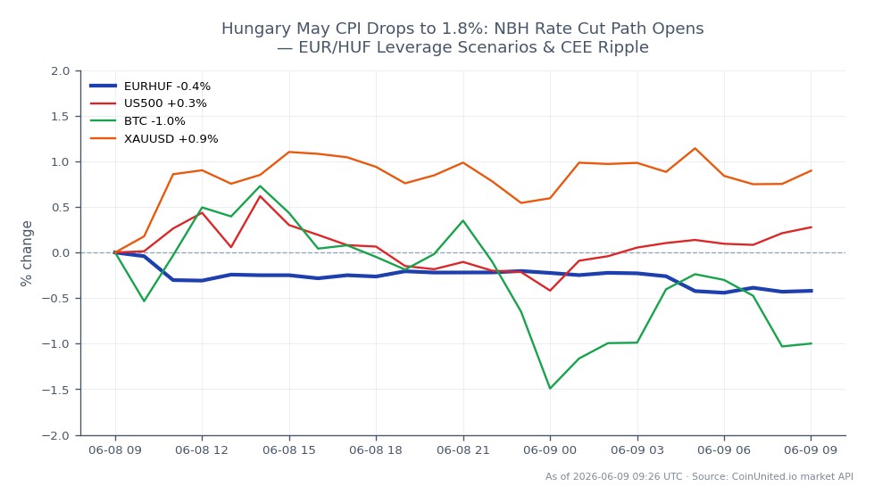 The chart displays the performance of the Euro against the Hungarian Forint (EUR/HUF) in the forex market over the last 24 hours. The pair opened at 356.38 HUF and closed slightly lower at 355.175 HUF, marking a decrease of 0.34%. The highest point reached was 357.425 HUF, while the lowest was 354.685 HUF. In related markets, the S&P 500 (US500) saw a gain of 0.46%, Bitcoin (BTC) experienced a decline of 0.42%, and Gold (XAUUSD) rose by 1.03%. The drop in Hungary's May CPI to 1.8% may influence the National Bank of Hungary's rate cut path, impacting the EUR/HUF pair significantly. Traders should note the mixed performance across related assets, with Gold showing strength as a safe haven amidst the fluctuations in the forex market.