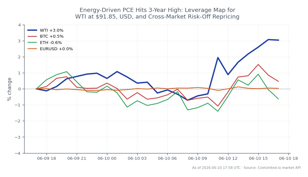 The chart illustrates the performance of WTI Light Crude Oil over the last 24 hours, showing an opening price of $88.88 and a closing price of $91.90, marking a 3.4% increase. The highest price reached was $92.71, while the lowest was $88.13. In the related markets, Bitcoin (BTC) saw a 0.95% increase, Ethereum (ETH) had a minimal change of 0.02%, and the EUR/USD pair rose by 0.09%. The significant rise in WTI prices indicates a bullish trend, making it the clear leader among the assets displayed, while ETH remains relatively stagnant in comparison.