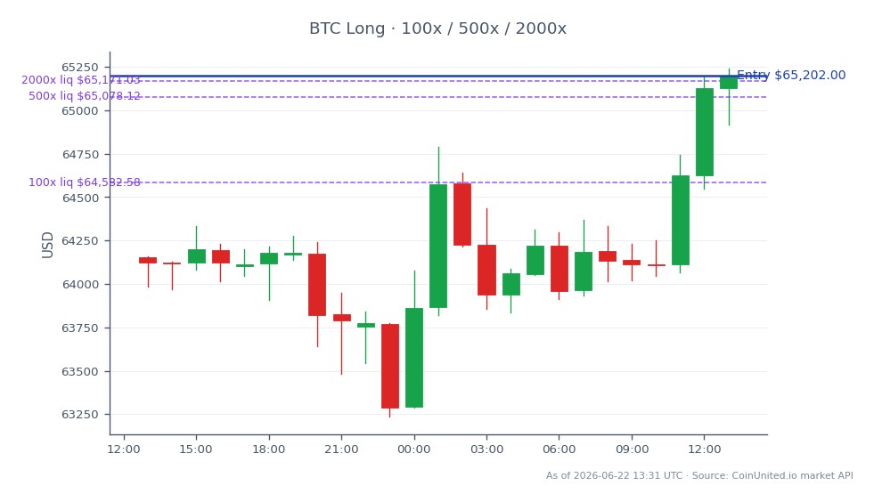 The chart illustrates the recent price action of Bitcoin (BTC) in the crypto market, showing an opening price of $64,156.00 and a closing price of $65,202.00, reflecting a 1.63% increase over the last 24 hours. The highest price reached during this period was $65,239.00, while the lowest was $63,236.00, indicating a volatile trading environment. The leverage strategy indicates a long position entry at $65,202.00 with three tiers of leverage: 100x, 500x, and 2000x. This accumulation wave, confirmed by the purchase of 520 BTC, aligns with Michael Saylor's strategy. The chart suggests a bullish sentiment as Bitcoin approaches the $65,000 mark, with traders closely monitoring the impact of leverage on price movements. No clear laggards are noted in this context, as the focus remains on Bitcoin's performance.
