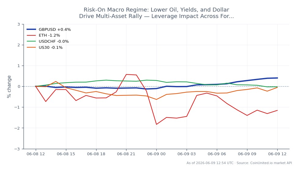 The chart illustrates the performance of the British Pound (GBP) against the US Dollar (USD) over a 24-hour period. The GBP/USD pair opened at 1.33597 and closed at 1.34045, marking a 0.34% increase. The highest price reached was 1.340785, while the lowest was 1.333115. In comparison, related assets showed varied performance: Ethereum (ETH) decreased by 0.57%, USD/CHF fell by 0.11%, and the US30 index dropped by 0.07%. This indicates that while the GBP/USD pair experienced a modest gain, the other assets lagged, particularly ETH, which was the most significant underperformer in this cross-market analysis.