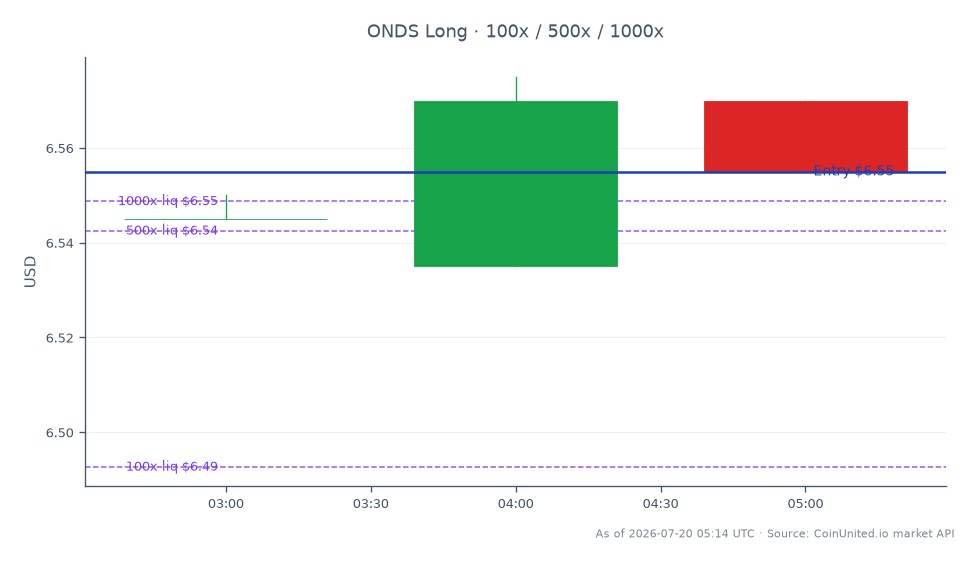 The chart illustrates the performance of Ondas Holdings Inc. (ONDS) over the last 24 hours. The stock opened at $6.545 and closed slightly higher at $6.555, marking a minimal increase of 0.15%. The intraday high reached $6.575, while the low was $6.535, indicating a narrow trading range. For leveraged trading, a long position was entered at $6.555 with tiered investments of $100, $500, and $1000. No significant leaders or laggards were noted in the broader market context during this period.