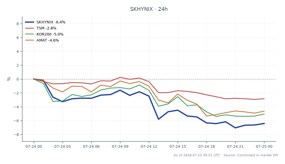 SK海力士公司（SKHYNIX）过去24小时表现图表，显示开盘价1280.45，收盘价1169.15，大幅下跌8.69%。期间最高价1282.5，最低价1154.25，波动剧烈。相比之下，相关股票也出现下跌：台湾半导体制造公司（TSM）下跌2.86%，KOSPI 200指数（KOR200）下跌6.81%，应用材料（AMAT）下跌4.93%。在英伟达与SK集团达成超5000亿美元AI数据中心协议的背景下，SK海力士在本次跨市场分析中成为明显的滞后者，反映出半导体供应链面临的广泛挑战。
