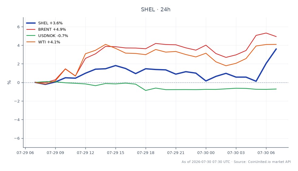 图表展示了壳牌公司（SHEL）2025年第二季度的表现，开盘价为87.41美元，收盘价为90.285美元，在过去24小时内上涨了3.29%。在此期间，股价最高达到92.43美元，最低为86.715美元。在相关市场中，布伦特原油价格上涨了5.02%，西德克萨斯中质原油价格也上涨了4.0%。相反，美元/挪威克朗货币对下跌了0.76%。尽管公司部门存在潜在疲软，壳牌股价的显著上涨表明市场反应强烈，尤其受到原油价格上涨趋势的影响。