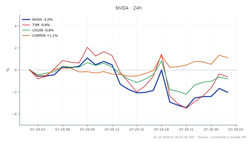 图表展示了英伟达公司(NVDA)过去24小时的表现，开盘价为195.12美元，收盘价为191.99美元，下跌1.6%。在此期间，股价最高触及198.255美元，最低跌至188.795美元。相比之下，相关资产表现为：台积电(TSM)下跌1.4%，美国100指数(US100)下跌0.63%，铜价上涨1.15%。数据显示，尽管英伟达面临小幅下跌，但铜价呈现积极趋势，凸显了这些资产表现的分化。专注于英伟达(NVDA)杠杆头寸的交易者应考虑当前市场波动性以及基于这些波动的潜在清算价格。