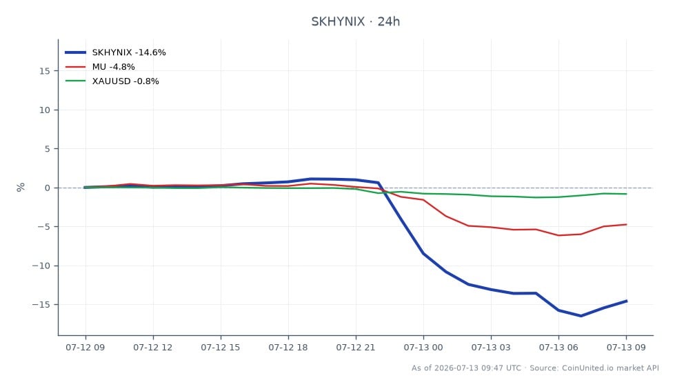 The chart illustrates the recent performance of SK Hynix Inc (SKHYNIX), which opened at 1474.15 and closed at 1258.95, marking a significant decline of 14.6% over the last 24 hours. The stock reached a high of 1494.85 and a low of 1229.35 during this period. In comparison, Micron Technology Inc (MU) experienced a decrease of 4.72%, while the gold spot price (XAUUSD) saw a minor decline of 0.84%. This data highlights SK Hynix as a notable laggard in the market, particularly in the context of geopolitical risks impacting its valuation as new Nasdaq ETPs enter a daily rebalancing cycle.