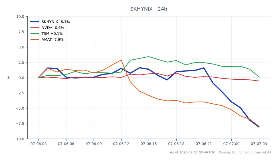 The chart illustrates the performance of SK Hynix Inc (SKHYNIX) over the last 24 hours, showing a significant decline. The stock opened at 1530.25 and closed at 1409.15, marking a decrease of 7.91%. During this period, the stock reached a high of 1565.85 and a low of 1406.3. In comparison, related stocks showed varied performance: NVIDIA (NVDA) decreased by 0.56%, Taiwan Semiconductor Manufacturing Company (TSM) increased by 0.7%, and Applied Materials (AMAT) fell by 7.53%. This data highlights SK Hynix as a notable laggard in the market amidst broader trends.