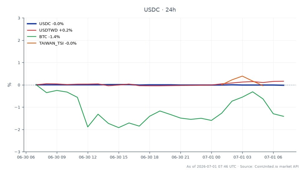图表显示了稳定币 USDC 在过去 24 小时的表现。USDC 开盘价为 1.0007，收盘价略低于 1.0005，最高价为 1.0008，最低价为 1.0005，涨跌幅为 -0.02%。相比之下，相关资产表现各异：USDTWD 上涨 0.14%，比特币 (BTC) 下跌 1.53%，台湾加权股价指数 (TAIWAN_TSI) 下跌 0.58%。这表明虽然 USDC 保持稳定，但在跨市场分析中，BTC 表现落后，反映了高杠杆交易者应密切关注的更广泛市场趋势。