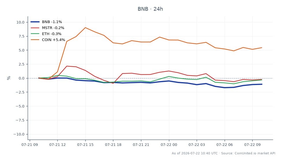 The chart displays the performance of Binance Coin (BNB) over the last 24 hours, showing an opening price of $579.9 and a closing price of $571.8, which represents a decline of 1.4%. The intraday high reached $580.1 while the low was $567.4. In comparison, related assets show varied performance: MicroStrategy (MSTR) decreased by 0.4%, Ethereum (ETH) fell by 0.75%, while Coinbase (COIN) experienced a notable increase of 4.89%. This indicates that while BNB faced a slight downturn, COIN emerged as a leader in this cross-market analysis with a significant gain, contrasting with the losses seen in MSTR and ETH.