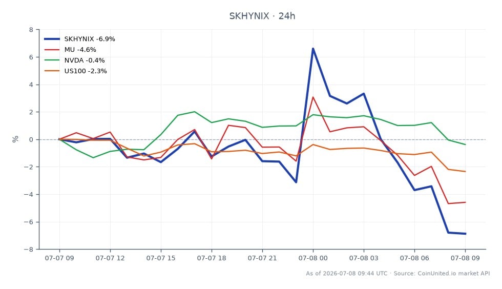 The chart illustrates the performance of SK Hynix Inc (SKHYNIX) over the past 24 hours, showing an opening price of $1446.00 and a closing price of $1339.40, reflecting a significant decline of 7.37%. The stock reached a high of $1539.25 and a low of $1315.35 during this period. In comparison, related stocks show varying performance: Micron Technology (MU) decreased by 4.46%, Nvidia (NVDA) fell slightly by 0.25%, and the Nasdaq-100 index (US100) declined by 2.34%. Among these, SK Hynix stands out as the clear laggard with the most substantial percentage drop, indicating heightened volatility and investor concern ahead of its anticipated Nasdaq debut on July 10. Traders should consider these figures when evaluating leverage scenarios for potential trades.