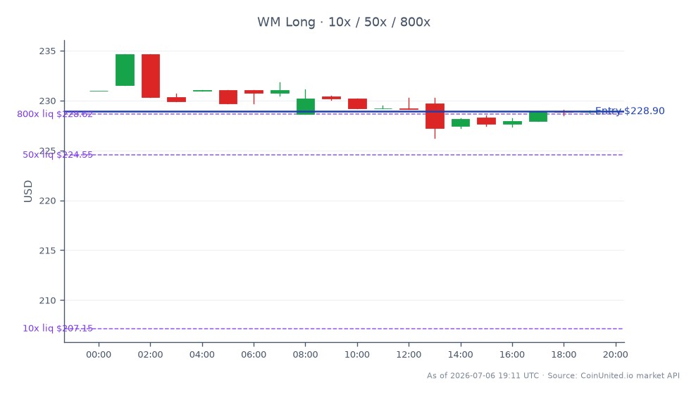 The chart illustrates the performance of Waste Management, Inc. (WM) over the last 24 hours. The stock opened at $231.005 and closed at $228.895, reflecting a decrease of 0.91% during this period. The highest price reached was $234.65, while the lowest was $226.225. In the context of leveraged trading, a long position was entered at $228.895, with tiered leverage levels set at 10x, 50x, and 800x. This data indicates a slight downward trend for WM, which may influence trading strategies in the waste management sector amidst ongoing M&A discussions, particularly with GFL Environmental's CEO hinting at a potential takeover around $50 per share. No clear leader or laggard is noted in this specific market segment based on the current data.