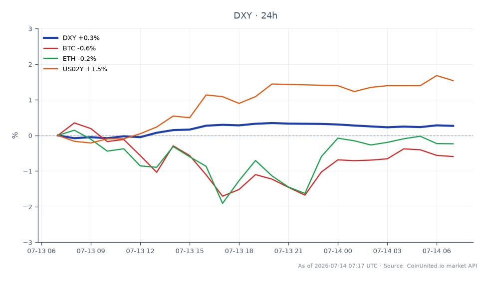 On July 13, the U.S. Dollar Currency Index (DXY) opened at 101.125 and closed slightly higher at 101.22, marking a 0.09% increase over the past 24 hours. The index reached a high of 101.325 and a low of 100.795 during this period. In the broader market context, Bitcoin (BTC) experienced a decline of 0.3%, while Ethereum (ETH) saw a modest increase of 0.3%. Notably, the US 2-Year Treasury Yield (US02Y) rose by 1.63%, indicating a significant shift in bond market sentiment. The DXY's slight upward movement contrasts with the mixed performance of cryptocurrencies, with BTC lagging behind ETH. This divergence highlights the ongoing volatility and varying investor sentiment across different asset classes.