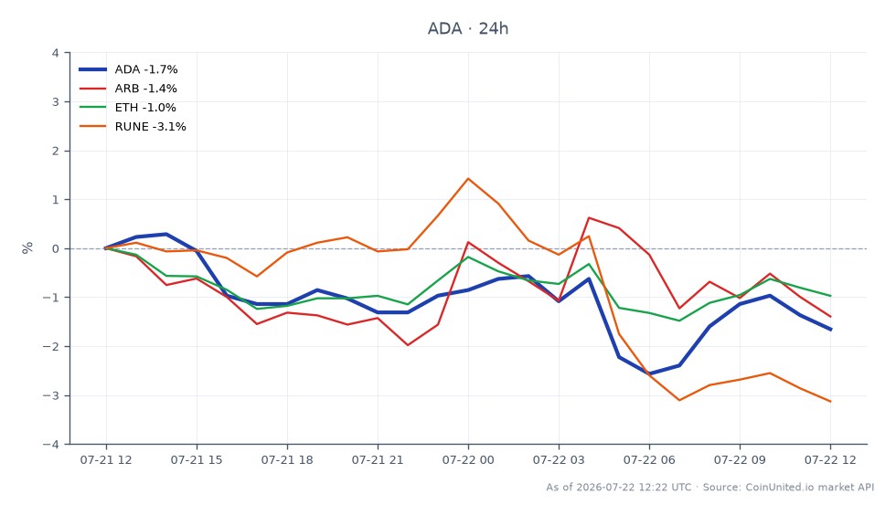 图表展示了加密货币市场中 Cardano (ADA) 的近期表现，开盘价为 0.1747 美元，收盘价为 0.1723 美元，24 小时跌幅为 1.37%。期间价格在 0.1768 美元至 0.1704 美元之间波动，共有 25 根蜡烛图代表交易活动。相比之下，相关加密货币也出现下跌，Arbitrum (ARB) 下跌 1.31%，Ethereum (ETH) 下跌 0.6%，Thorchain (RUNE) 下跌幅度更大，为 3.19%。这表明虽然 Cardano 略微落后，但 Thorchain 是相关资产中表现最差的，这可能会影响高杠杆交易策略。