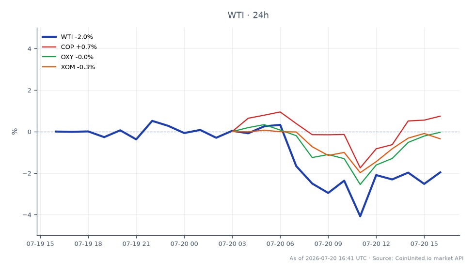 The chart illustrates the performance of WTI Light Crude Oil over the last 24 hours, showing an opening price of $83.81 and a closing price of $82.02, reflecting a decrease of 2.14%. The price fluctuated within a range, hitting a high of $84.605 and a low of $79.645, indicating significant volatility. In comparison, related energy equities showed mixed performance: ConocoPhillips (COP) experienced a slight increase of 0.27%, while Occidental Petroleum (OXY) remained nearly unchanged with a -0.01% change, and ExxonMobil (XOM) lagged with a decrease of 0.34%. This data highlights the overall downward trend in WTI prices, with COP being the only related equity showing a positive change in the same timeframe.