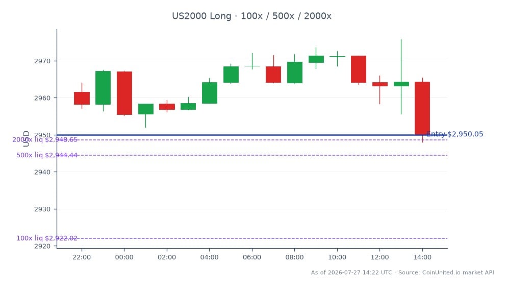 The chart illustrates the performance of the Russell 2000 Index (US2000) over the last 24 hours, showing an opening price of 2961.6 and a closing price of 2950.05, which represents a decline of 0.39%. The index reached a high of 2975.8 and a low of 2948.0 during this period, indicating some volatility. For traders considering a long leverage position, the entry price is set at 2950.05, with tiered investments at 100, 500, and 2000. It's important to monitor the market closely for any shifts that could impact these levels. In this timeframe, no clear leader or laggard was identified among related indices, suggesting a balanced performance across the board.