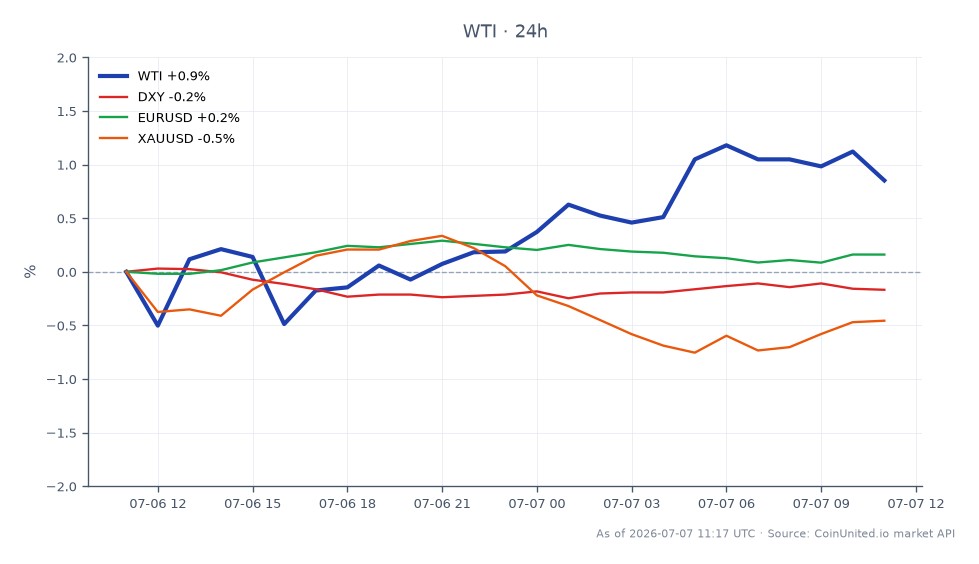 The chart illustrates the performance of WTI Light Crude Oil (symbol: WTI) in the commodities market, showing an opening price of $68.615 and a closing price of $69.26, reflecting a 0.94% increase over the last 24 hours. The price fluctuated within a range, hitting a high of $69.765 and a low of $68.12. In the related markets, the US Dollar Index (DXY) experienced a slight decline of 0.15%, while the EUR/USD pair saw a modest increase of 0.12%. Gold (XAU/USD) also faced a decrease of 0.45%. Overall, WTI is holding steady ahead of the US CPI release, indicating a cautious sentiment among oil traders, with no clear leader or laggard among the related assets in this timeframe.