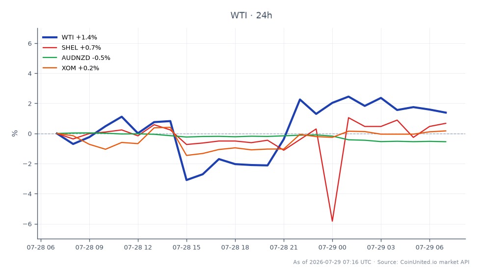 The chart illustrates the performance of WTI Light Crude Oil over the past 24 hours, with an opening price of $80.855 and a closing price of $81.915, reflecting a 1.31% increase. The price reached a high of $83.305 and a low of $77.77 during this period. In comparison, related assets show varied performance: Shell (SHEL) increased by 0.86%, while the AUD/NZD currency pair decreased by 0.59%, and ExxonMobil (XOM) saw a slight decline of 0.04%. This data indicates a stronger performance in the oil market relative to the other assets, with WTI leading the pack in terms of percentage change.