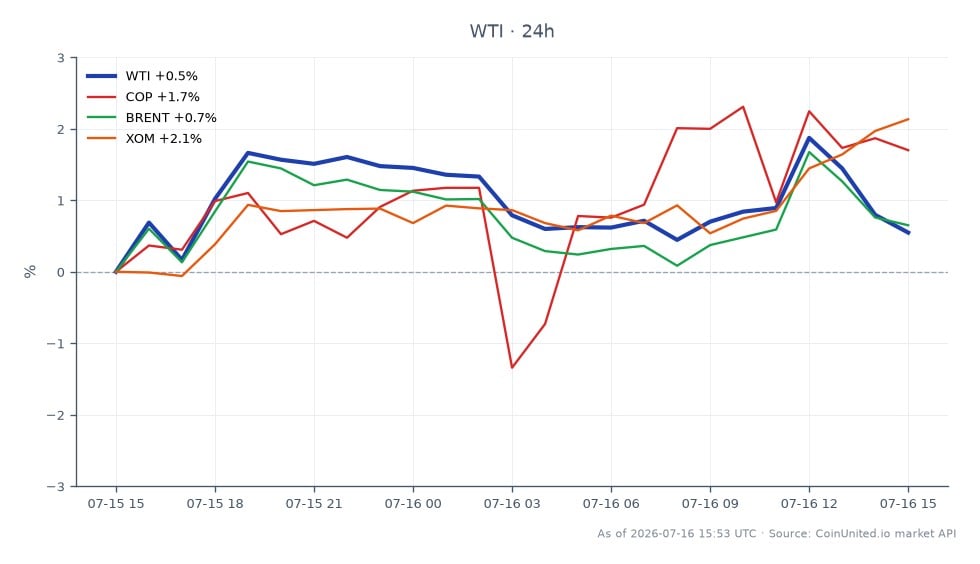 图表显示WTI轻质原油24小时表现，开盘价78.235美元，收盘价78.905美元，上涨0.86%。期间价格在77.83美元至80.33美元之间波动。相比之下，相关资产表现各异：康菲石油（COP）上涨1.47%，布伦特原油（BRENT）上涨1.21%，而埃克森美孚（XOM）领涨，上涨2.36%。这表明尽管WTI温和增长，XOM是相关股票中表现最强的。