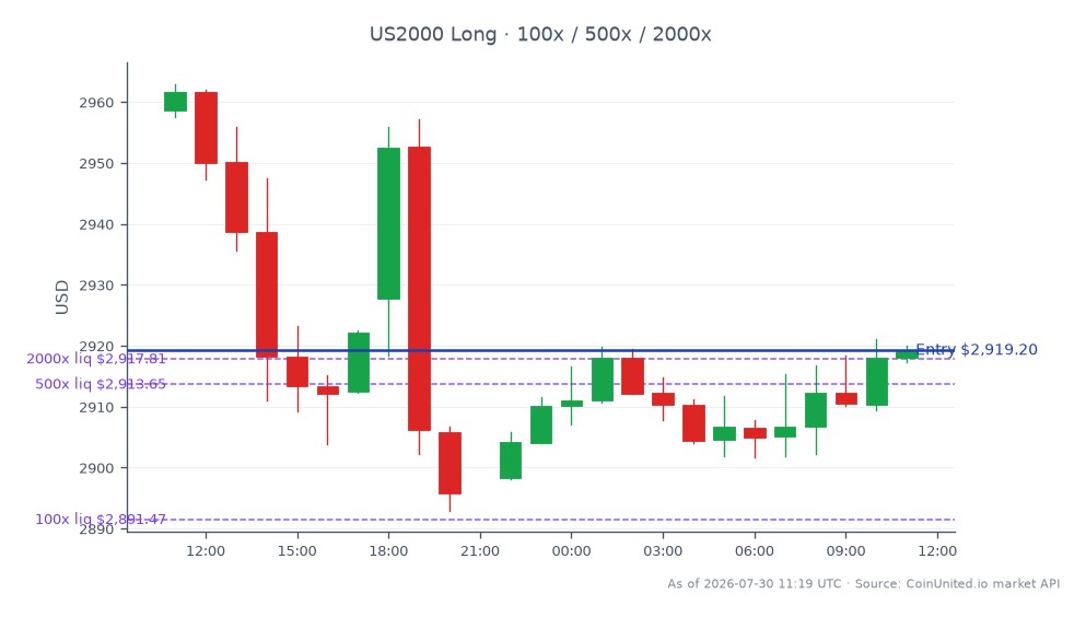罗素2000指数（US2000）过去24小时表现图。该指数开盘价为2958.55，收盘价为2919.2，下跌1.33%。期间最高触及2962.95，最低为2892.95。在杠杆交易方面，以2919.2的收盘价建立多头头寸，杠杆档位设置为100、500和2000。鉴于该指数近期呈下跌趋势，这表明采取了谨慎的策略。整体市场情绪似乎看跌，罗素2000指数出现明显下跌，与其他板块的潜在看涨走势形成对比。交易员应密切关注这些波动以寻找更多机会。