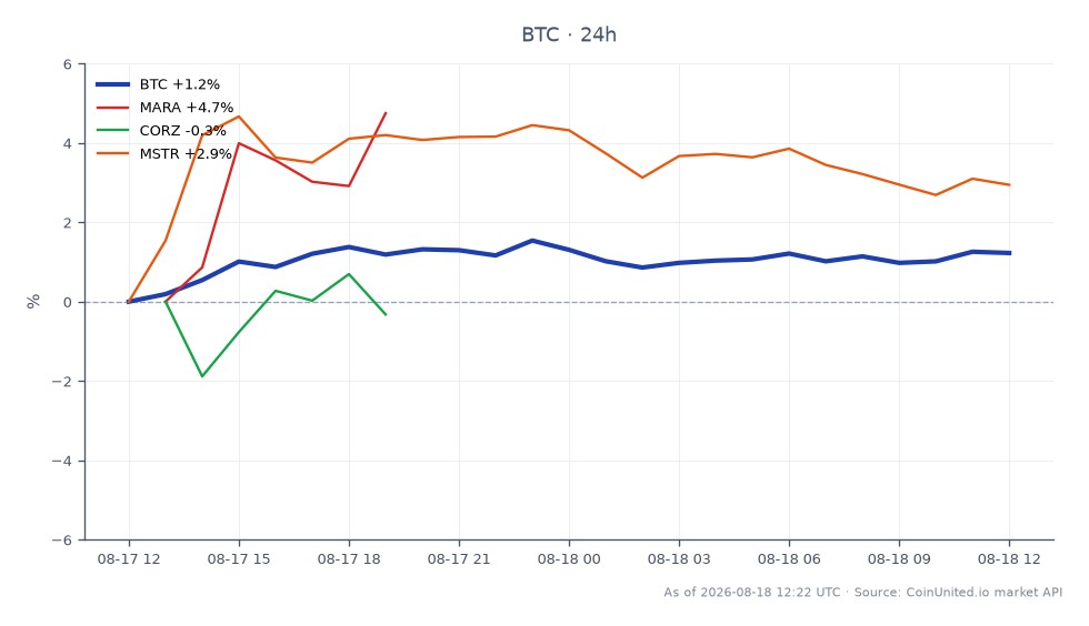 图表展示了比特币 (BTC) 近期 24 小时的表现，开盘价为 63,596 美元，收盘价为 64,306 美元，涨幅为 1.12%。最高价达到 64,597 美元，最低价为 63,413 美元。与比特币相关资产的表现也一并列出：Marathon Digital Holdings (MARA) 上涨 5.03%，MicroStrategy (MSTR) 上涨 2.54%，而 Corz (CORZ) 下跌 1.2%。数据显示，尽管比特币温和上涨，MARA 在相关资产中表现突出，涨幅显著，与 CORZ 的下跌形成对比。这些信息对杠杆交易者至关重要，他们需要评估市场动态和头寸的潜在清算点。