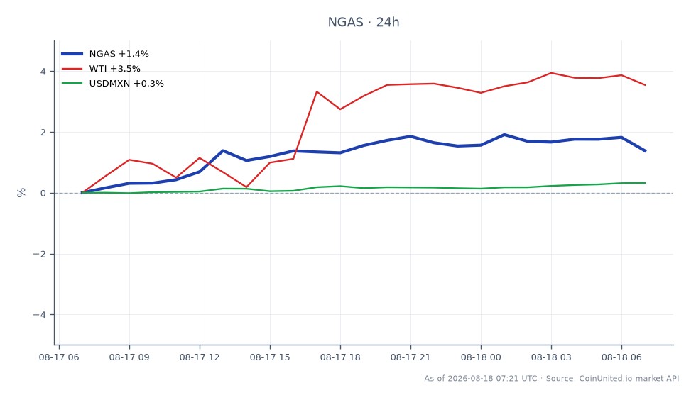 천연가스(NGAS)의 지난 24시간 실적을 보여주는 차트. 시가 2.70095달러, 종가 2.73245달러, 고가 2.75385달러, 저가 2.68795달러를 기록했습니다. 이는 해당 기간 동안 1.17%의 변화율을 나타냅니다. 비교하자면, 서부 텍사스산 중질유(WTI)는 3.71%의 상당한 상승을 보였으며, 미국 달러 대비 멕시코 페소(USDMXN) 환율은 0.36% 상승했습니다. 이 데이터는 천연가스가 완만한 상승세를 보인 반면, WTI가 이 교차 시장 분석에서 확실한 선두 주자임을 시사하며, 천연가스 시장에 비해 석유 시장에서 더 강한 강세 심리를 나타냅니다.